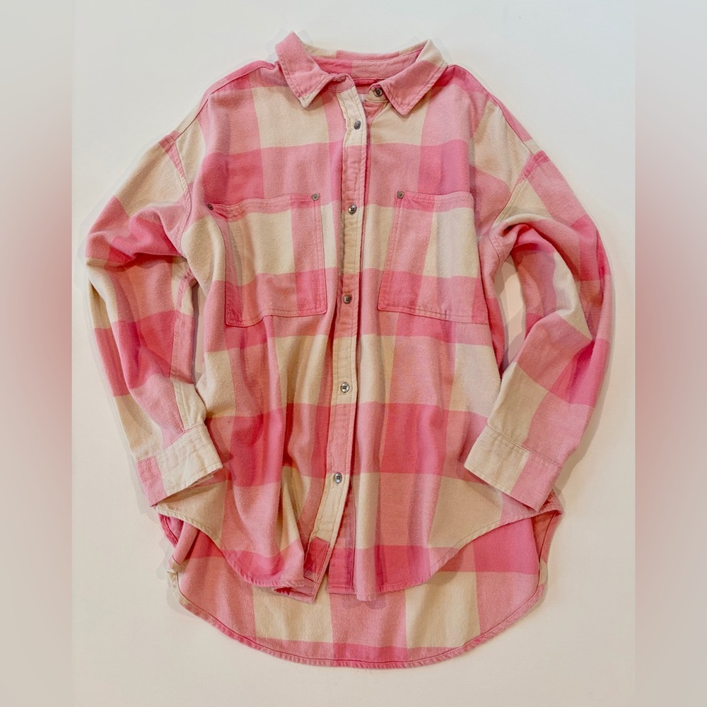 aerie Anytime Layering Oversized 100% Cotton Plaid Pink Cream Button Down